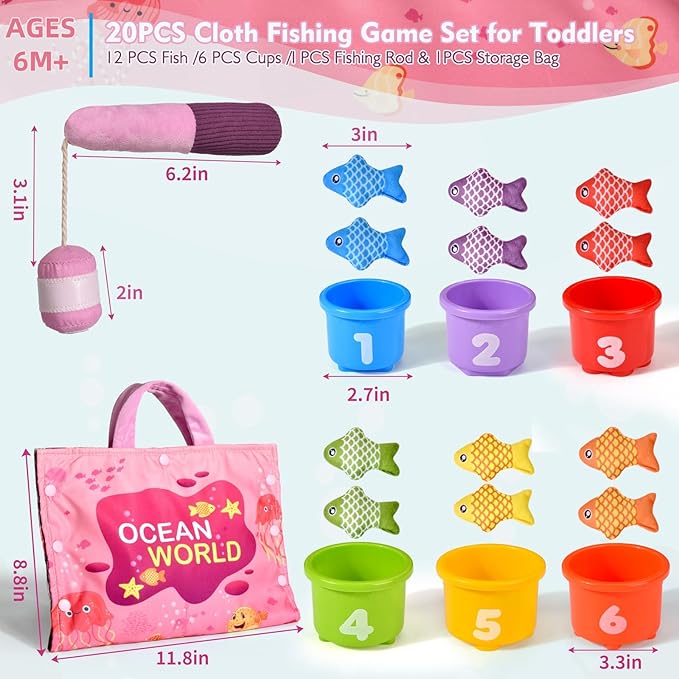 Montessori Toys for 1 Year Old - 20PCS Cloth Toddler Pink Fishing Game with Stacking Cups,Baby Color Sorting Toy 12-18 Months One Year Old Birthday Gift,Best Easter Gifts for 1-3 Year Olds