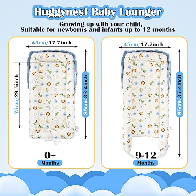 Baby Lounger for Newborn, Huggynest Portable Infant Lounger for 0-24 Months Newborn, Home Travel Dual-Purpose Baby Nest (Animal World Blue)