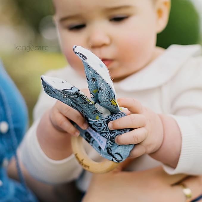 Kanga Care Baby Soft Muslin Sensory Crinkle Bunny Ear Wood Teething Ring - Wander Camping