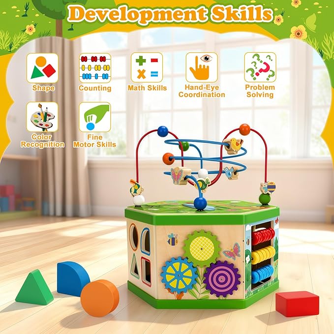 Wooden Activity Cube for 1 Year old, 12-18 Month Boys & Girls, 7-in-1 STEM Montessori Early Developmental Learning Toys for Kids Aged 1-2, Ideal 1st Birthday Gift Toys for Baby, Toddlers (Green)