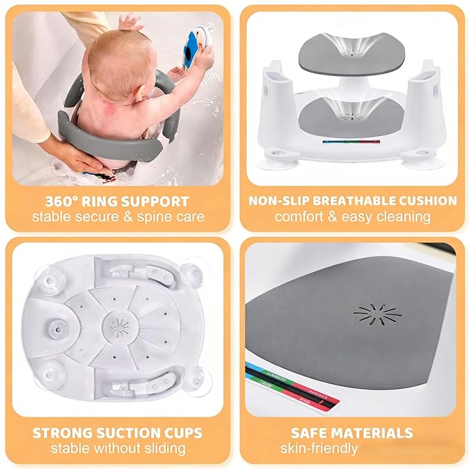Baby Bath Seat for Babies 6 Months & Up Sitting Up,Infant Bath Seat with Temperature Alert+Open Backrest+on/Off Armrest,Toddler Bath seat Baby Bath Chair for Bathtub,Tub,Sink (Light Gray)