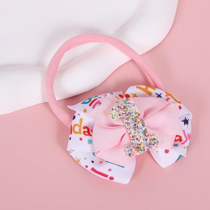Glitter 1st Birthday Bow Headband for Baby Girls, Her First Birthday Pink Party Dress Photo Decoration Accessories, Cute one year old Princess Happy Birthdays Favor Gift