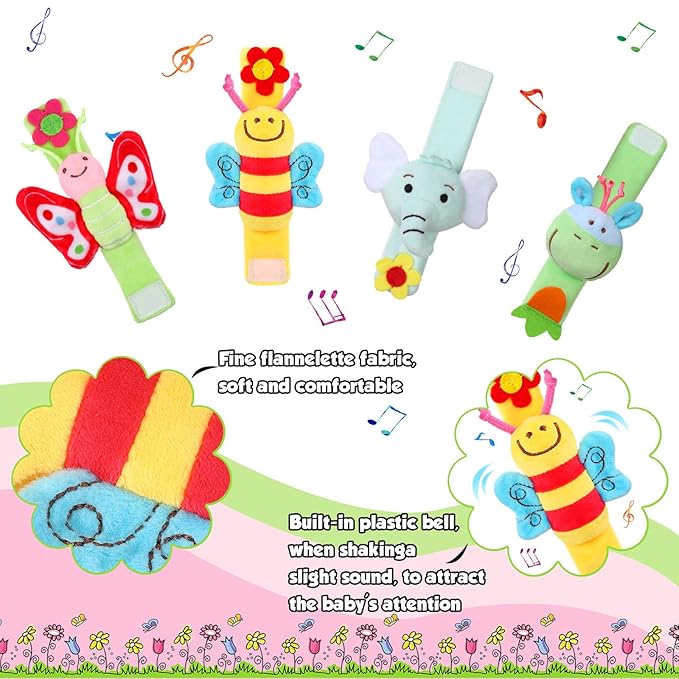 Jerify 4 Pcs Baby Wrist Rattles Animal Pattern Newborn Rattle Wrist Foot Toy for Babies Boy Girl Infant Birthday Gifts Educational Toys, 4 Designs