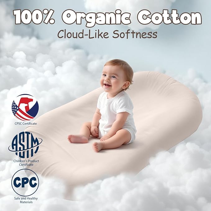 Extra Large Baby Lounger for Newborn & Infant, Pure Cotton Infant Lounger with Thick Support Filling & Removable Envelope Cover, Portable Baby Nest for Supervised Play