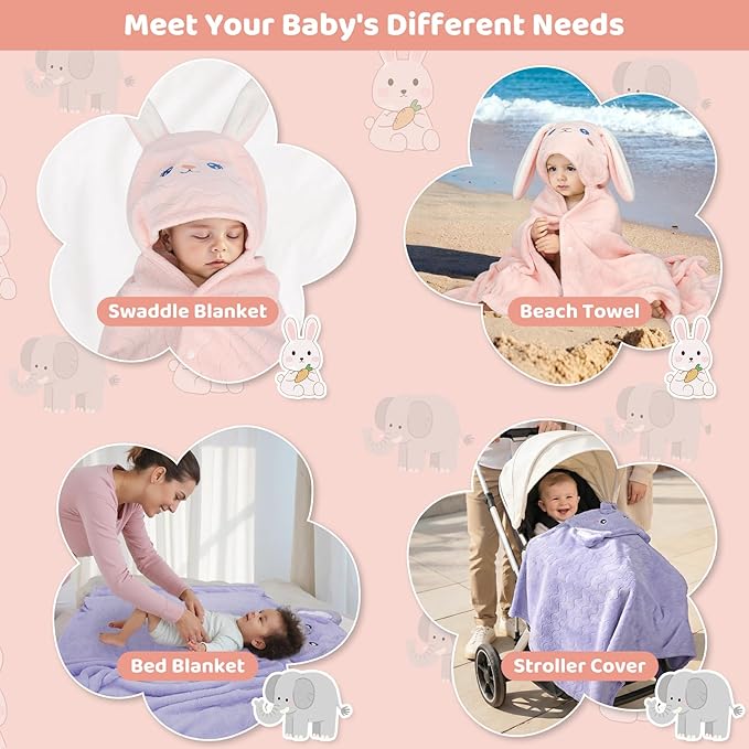 6 PCS Toddler Bath Towel Set for Boy Girl 0-5 Year, 2 PCS Thick Absorbent Hooded Baby Bath Towels Large 55" x 27.5" & 4 PCS Washcloths, Ultra Soft Gifts for Infant, Toddler, Kids, Rabbit & Elephant