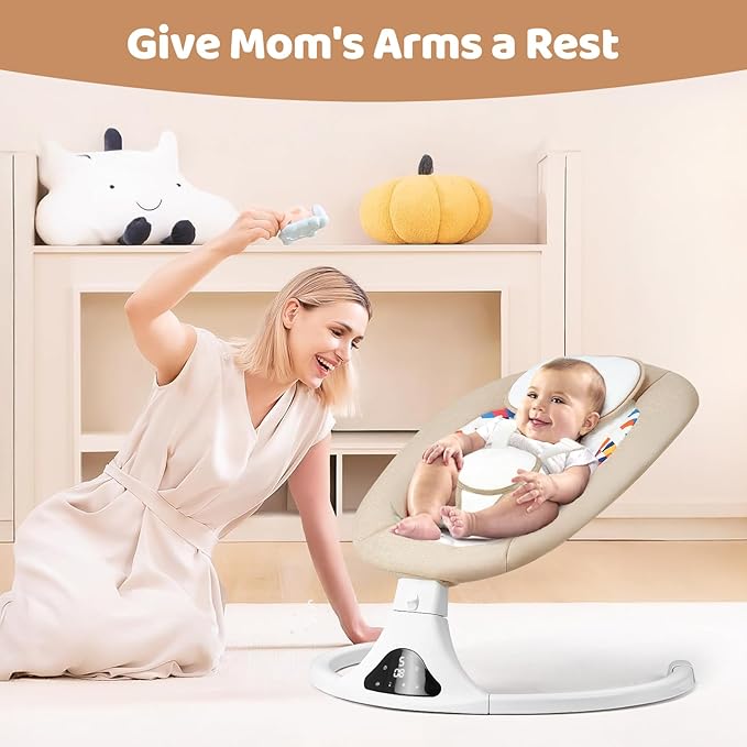 Baby Swing for Infants, Bluetooth Baby Swing with Remote Control, Portable Infant Swings with 5 Speed Motions, 12 Soothing Lullabies, Designed for Newborns (Max 20 lbs Beige)