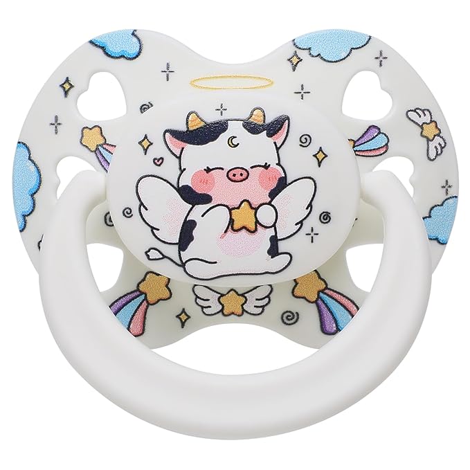 Cute Adult Size Pacifier for Anxiety: Angel Cow Soft Silicone Heart Shaped Paci for Stress Relief and Autism - Bigshield Binky for Sleep Gag Gift with Case White