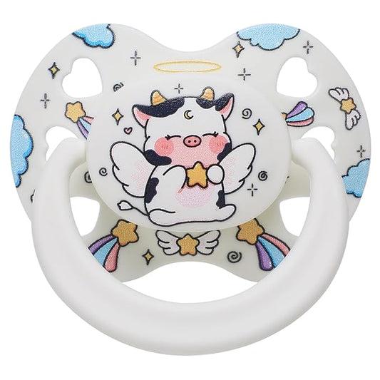 Cute Adult Size Pacifier for Anxiety: Angel Cow Soft Silicone Heart Shaped Paci for Stress Relief and Autism - Bigshield Binky for Sleep Gag Gift with Case White