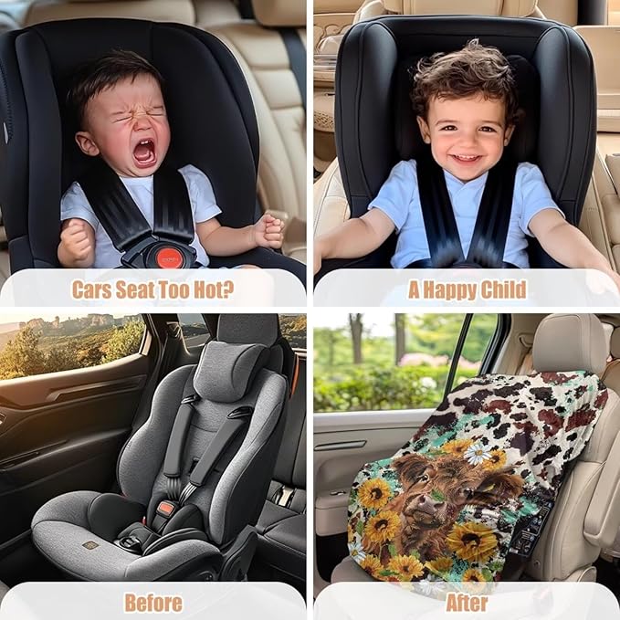 Baby Car Seat Cover Cute Highland Cow Car Seat Sun Shade Cover, Infant Car Seats Heat Protector, Travel Car Seat for Toddlers 1-3, Baby Travel Accessories, Sunflower Daisy Brown