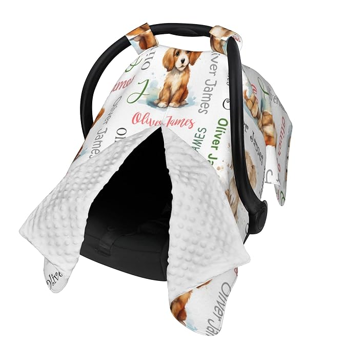 Custom Baby Car Seat Canopy Personalized Car Seat Covers with Name for Baby Boys Girls Customized Dog Nursing Breastfeeding Cover Infant Carseat Canopies Newborn Minky Baby Blanket