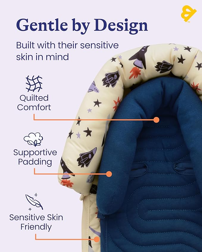 GoldBug Deluxe Duo Car Seat Head Support + Matching Strap Covers for Baby and Infant - Space Explorer