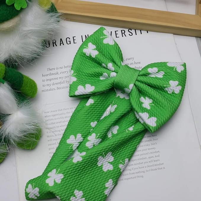 St. Patrick's Day Baby Girls Headbands, Green Clover Printed Big Bows for Baby Girls Elastic Irish Wide Hairbands for Toddlers Newborn Infant Gifts