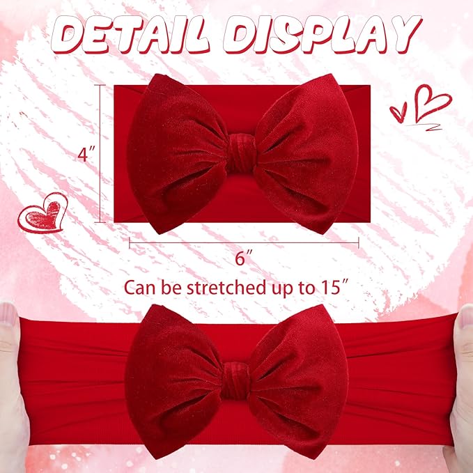 YanJie Headbands, 6" Red Pink Velvet Hairband, Handmade Valentine's Day Baby Hair Accessories, One Size, 5 Count, for Newborn Infant Toddlers Kid