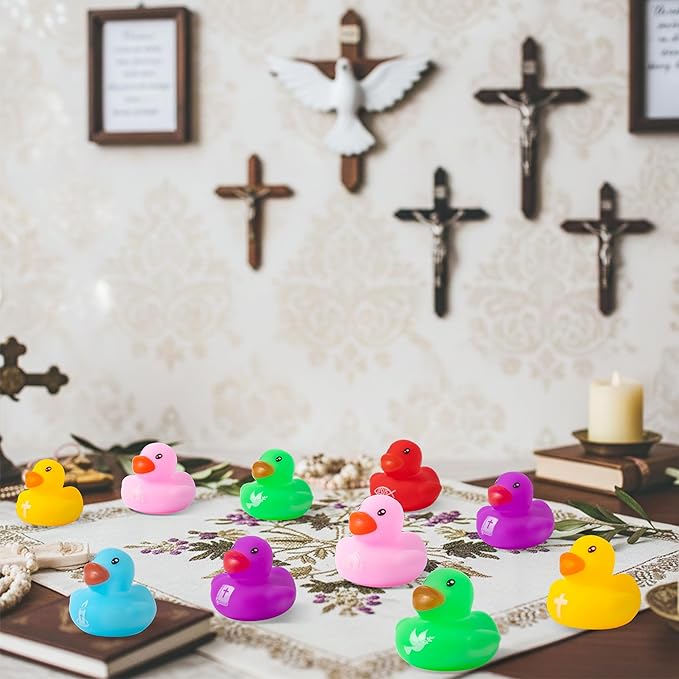 Haooryx Christian Mini Rubber Duck - 120Pcs Religious Cross Jesus Novelty Duck Squeak Bathtub Float Bath Toy for Church Event Classroom Reward Birthday Gift Religious Party Favor Easter Basket Stuffer