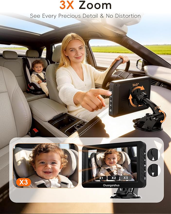 S100C Baby Car Camera USB Powered, Crystal Clear Auto IR Night Vision in Total Dark, Adjust Brightness & 1080P 5" IPS Monitor, 3X Zoom & 360° Rotating Backseat Camera for Rear or Forward-Facing