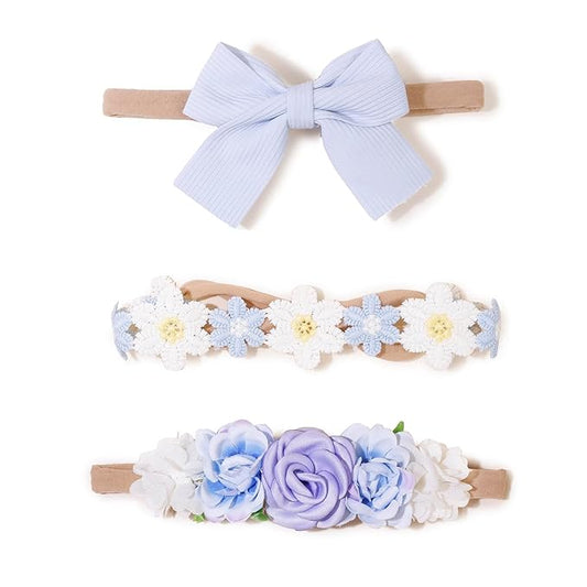 cherrboll Baby Girl Nylon Headbands, 3Pcs Handmade Floral Hair Bows, Stretchy Flower Hairbands for Newborns Infants Toddlers