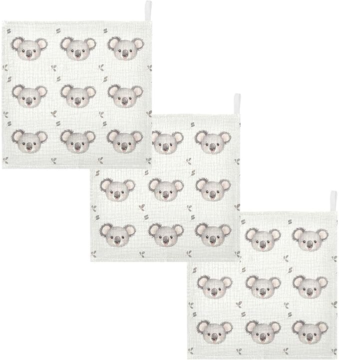 vvfelixl Baby Muslin Washcloths Cartoon Simple Koala Bear Baby Burp Cloths Cotton Babys Face Towel for Newborn Infants Boys Girls Soft and Absorbent 11.8 X 11.8 in, 3 Pack
