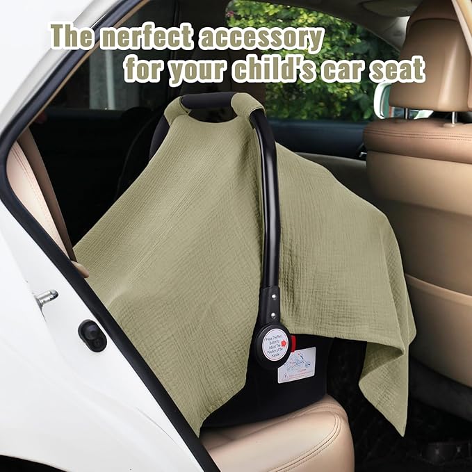 Metplus Muslin Car Seat Cover for Babies, 100% Cotton Breathable Infant Carseat Canopy for Summer, Lightweight Stroller Sunshade Covers for Newborns(Khaki)