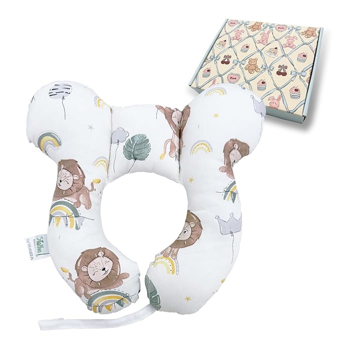 Toddler Travel Pillow Head Body Support for Car Seat and Stroller, Soft Reversible U-Shape Seat Comfort Accessory, Cartoon Lion