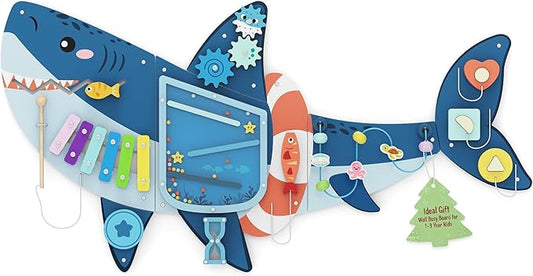 Easyego Shark Wall Busy Board Panels, Montessori Sensory Activity Center - Wooden Educational Toys for Toddlers, Promotes Holistic Development, Holiday/Birthday Gift for Boys & Girls