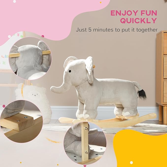 Qaba Rocking Horse, Kids Rocking Animal, Elephant Rocker with Realistic Sounds, Plush Ride on Toy for Years 2-4, Gray