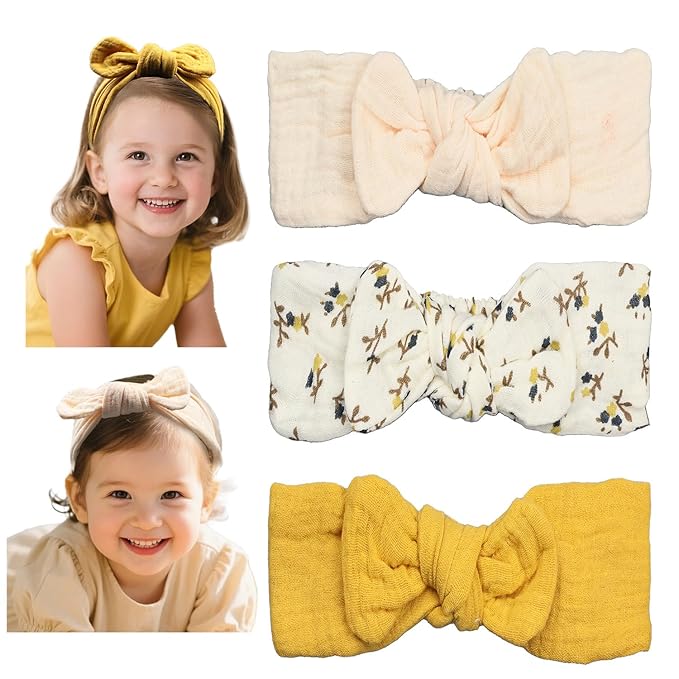Cotton Muslin Baby Girl Hair Bow Headband, Top Knotted Headwrap Solid Floral Printed for Newborns, Infants, Toddlers(CJGingerset)