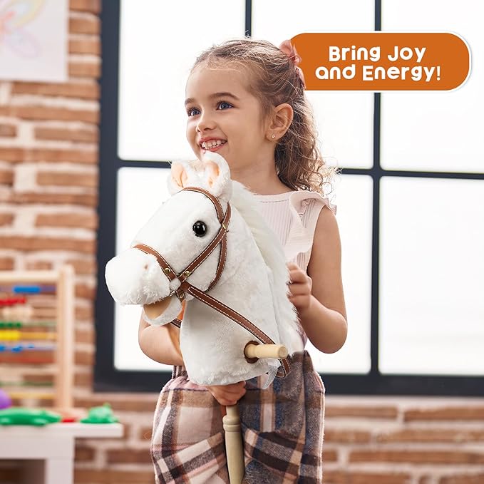 HollyHOME Stick Horse Plush Handcrafted Hobby Horse on a Stick with Wood Wheels Real Pony Neighing and Galloping Sounds for Kids Toddlers White 36 Inches(AA Batteries Required)
