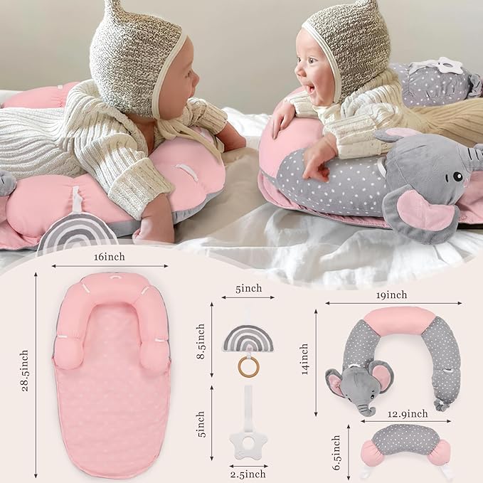 4 in 1 Tummy Time Mat with Educational Cards, Play Mat & Sitting Support for Newborn 0-12 Months, Infant Baby Sit Me Up Floor Seat, Sensory Skills Gifts, Elephant