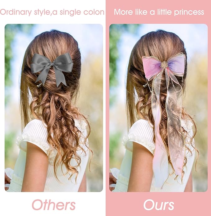 Qianyu 2 PCS Hair Bows for Girls Colorful Little Princess Lace Mesh Hair Clips Extended Ribbon Can Braid Summer Rainbow Bows Alligator Clips for Toddlers Baby Girls Kids Teens (Purple+Blue)