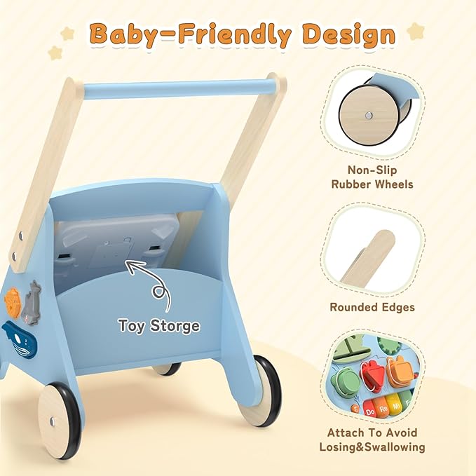 Wiqins Wooden Baby Push Walker, 10-in-1 Baby Walker Toys with Wheels for Toddlers 18 Months, Detachable Montessori Activity Board Toy & Storage for 1 Year Old Boys Girls Learning to Walk