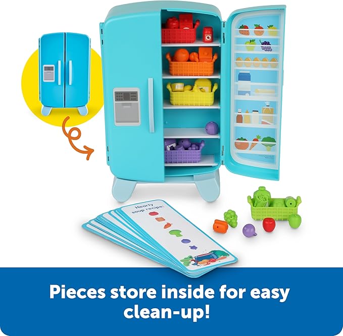 Learning Resources Sorting Snacks Mini Fridge - Play Food, Toddler Kitchen, Montessori , Color Sorting Sensory, Gifts for Boys and Girls, Preschool Games, Fine Motor Skills, Counting, Kindergarten