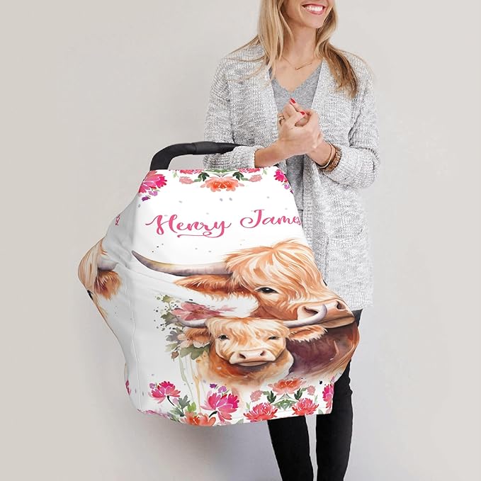 Personalized Car Seat Covers with Name, Highland Cow Baby Canopy Carrier Cover, Breathable Breastfeeding Nursing Cover, Stretchy Multi-Use Infant Carseat Stroller Cover