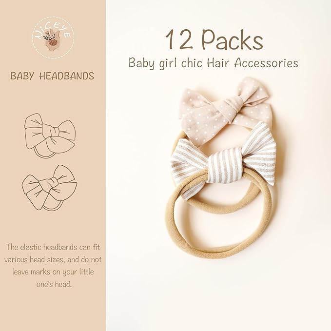 Niceye Baby Girl Bows and Headbands, Stretchy Nylon Hairbands Hair Bows for Newborns, Infants, Toddlers - Handmade Baby Hair Accessories for Girls