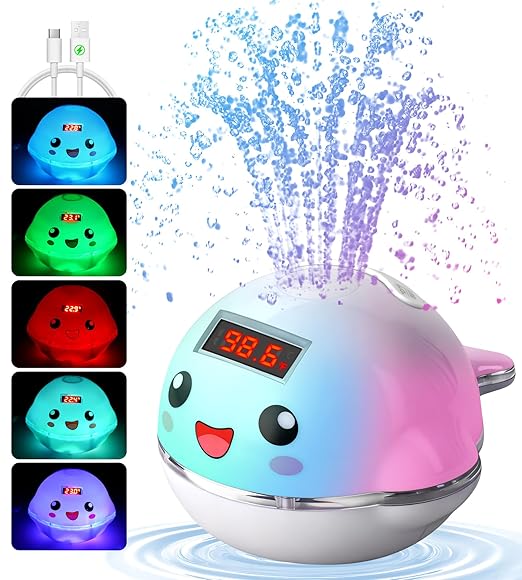 Pircaath Baby Bath Toy Sprinkler with Thermometer, Temp Alarm & Backlit Display, BPA-Free | CPC Certified for Safety, Light Up Whale Bath Toy for Kids Ages 1-3, Bathtub Water Toys for Toddler, Newborn