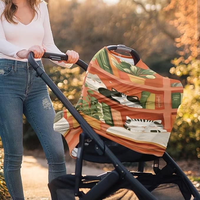 Forchrinse Cute Cat Books Print Baby Car Seat Canopy for Boys Girls-Soft Nursing Breastfeeding Cover Multi-use Stroller Cover Washable