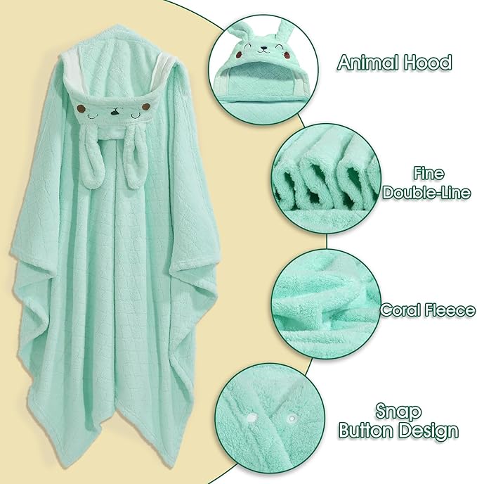 2 Pack Hooded Towels for Toddlers, Thick 55" x 27.5" Baby Bath Towel Set for Girls and Boys, Toddler Towels with Animal Hood and Buttons, Gray Tiger & Green Rabbit Set