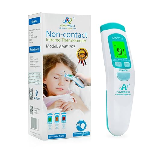 Amplim Non-Contact Forehead Thermometer & Case for Adults, Kids, Baby, FDA Cleared, Medical Grade, Touchless Infrared, 1-Sec Reading, Fever Alarm, Memory Recall, Quiet Mode, White