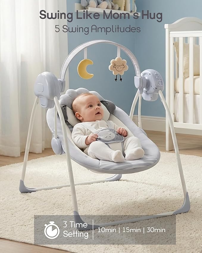 Baby Swings for Infants, Portable Baby Swing with 5-Speed, with Music and Timing for 0-9 Months 6-20 lbs