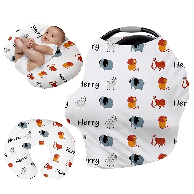 Custom Name Car Seat Canopy - Baby Car Seat Covers, White Lion Print Infant Stroller Cover, Carseat Canopy Christmas Birthday Gifts for Girls and Boys(27"x29")
