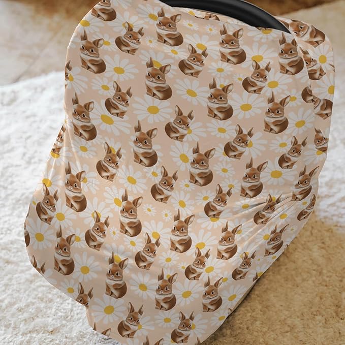 Vintage Bunny Daisy Car Seat Cover for Babies Retro Rabbits Boho Floral Stretchy 5-in-1 Cover Adjustable Infant Carseat Canopy Cover Spring Garden Easter Animal Breathable Nursing Cover-Up