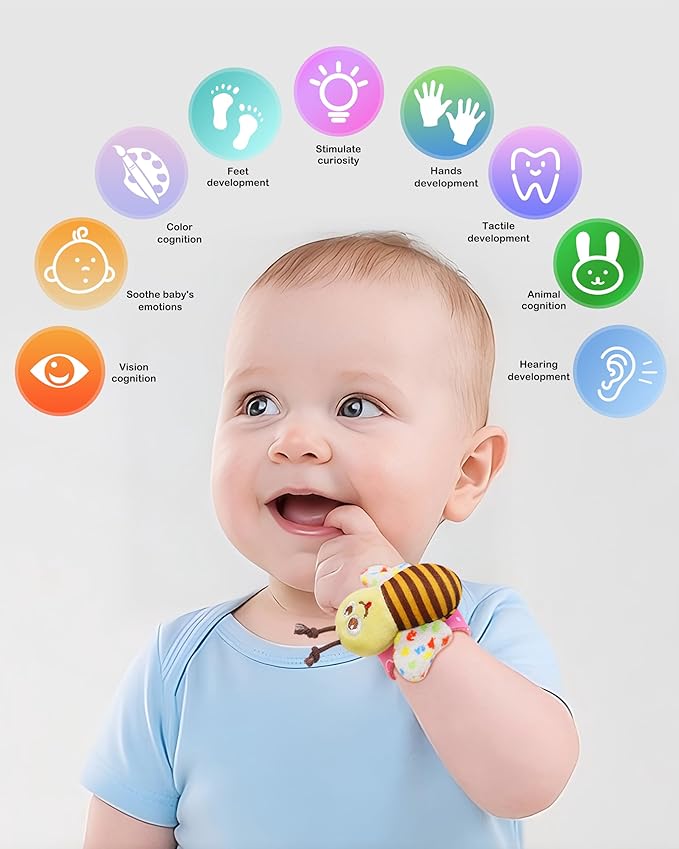Bloobloomax Soft Baby Rattle Wrist Rattle Foot Finder Socks Set,Cotton and Plush Stuffed Infant Toys,Birthday Holiday Birth Present Gift for Newborn Boy Girl Kids Toddler (8pcs-B Set)
