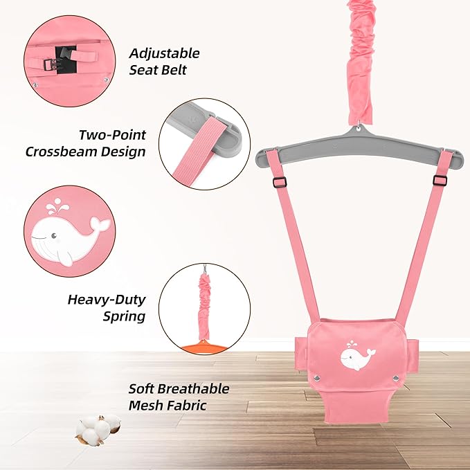 Baby Jumper with Stand, Foldable Activity Jumper for Infants, Height Adjustable Baby Bouncer No Doorway Needed Toddler Jumper, Portable Indoor Outdoor Baby Activity Center for 6-12 Months (Pink)