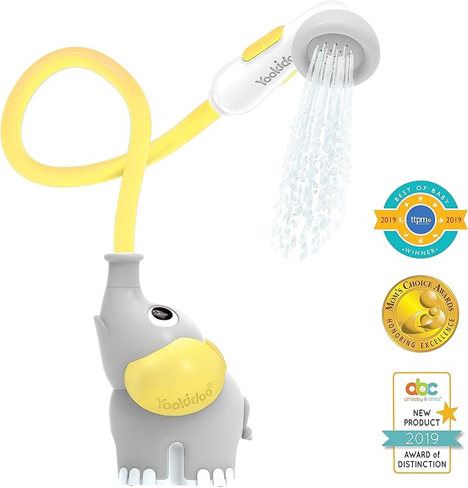 Yookidoo Baby Bath Shower Head - Elephant Water Pump and Trunk Spout Sprayer and Rinser-Control Water Flow from 2 Knobs Baby Bath Time Essentials for Newborn Babies in Tub Or Sink (Yellow)