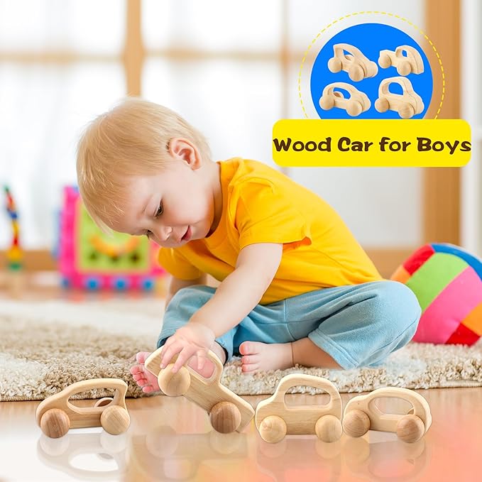 4 Pieces Wooden Toy Cars Mini Push Wood Truck Car Natural Wood Toys for Baby Toddler Birthday Party Gifts Nursery Decoration, 4 Styles