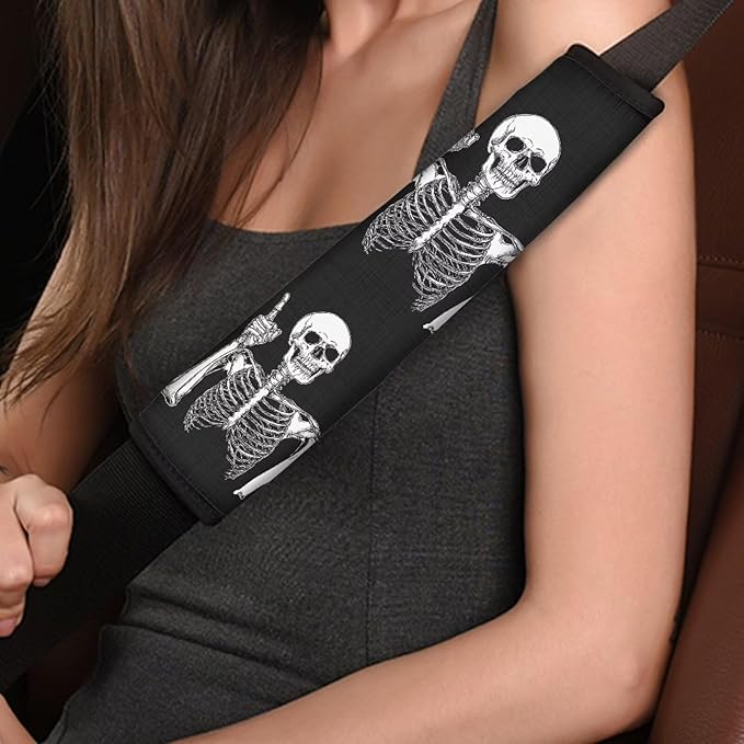 Biyejit Funny Skeleton Skull Car Seat Belt Covers Set of 2, Car Accessories Protector Soft Seatbelt Strap Shoulder Pad for Bags Backpacks