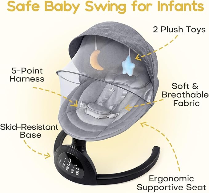 Baby Swings for Infants, Portable Baby Swing for Indoor and Outdoor, Bluetooth Baby Swing with Music Speaker, 5 Point Harness Belt, 5 Speeds and Timing