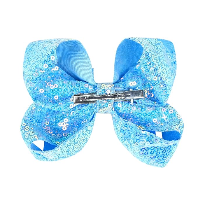 6 Inch Sky Blue Sparkly Glitter Sequin Hair Bows for Girls Toddlers Kids Children Teenage (2PCS)