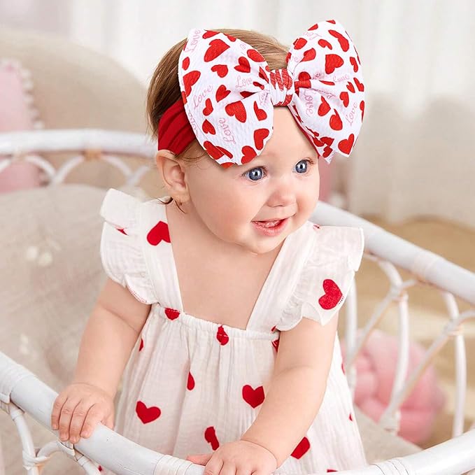 Valentines Baby Bow Headbands for Girls Waffle Tied Bow Hairbands Handmade Cute Red Love Heart Head Wraps Hair Accessories for Infant Toddler Kid 2Pcs
