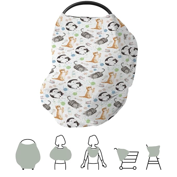 Cute Cat Baby Car Seat Covers Watercolor Cat Paws Mouse Toy Balls Neutral Stretchy 5-in-1 Cover Adjustable Infant Carseat Cover Canopy Cats Lovers Gift Breathable Nursing Cover-Up