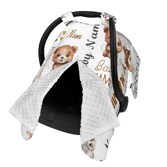 Personalized Baby Car Seat Cover Winter Custom Minky Carseat Cover Boy Girls with Name Woodland Carseat Canopy Customized Car Seat Canopy Infant Carrier Covers Nursing Cover Toddler Blanket